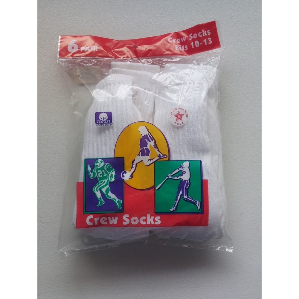 VINTAGE Cotton Crew Socks 6 PAIR White Sz 10-13 Made‎ in USA Mens Sports Socks